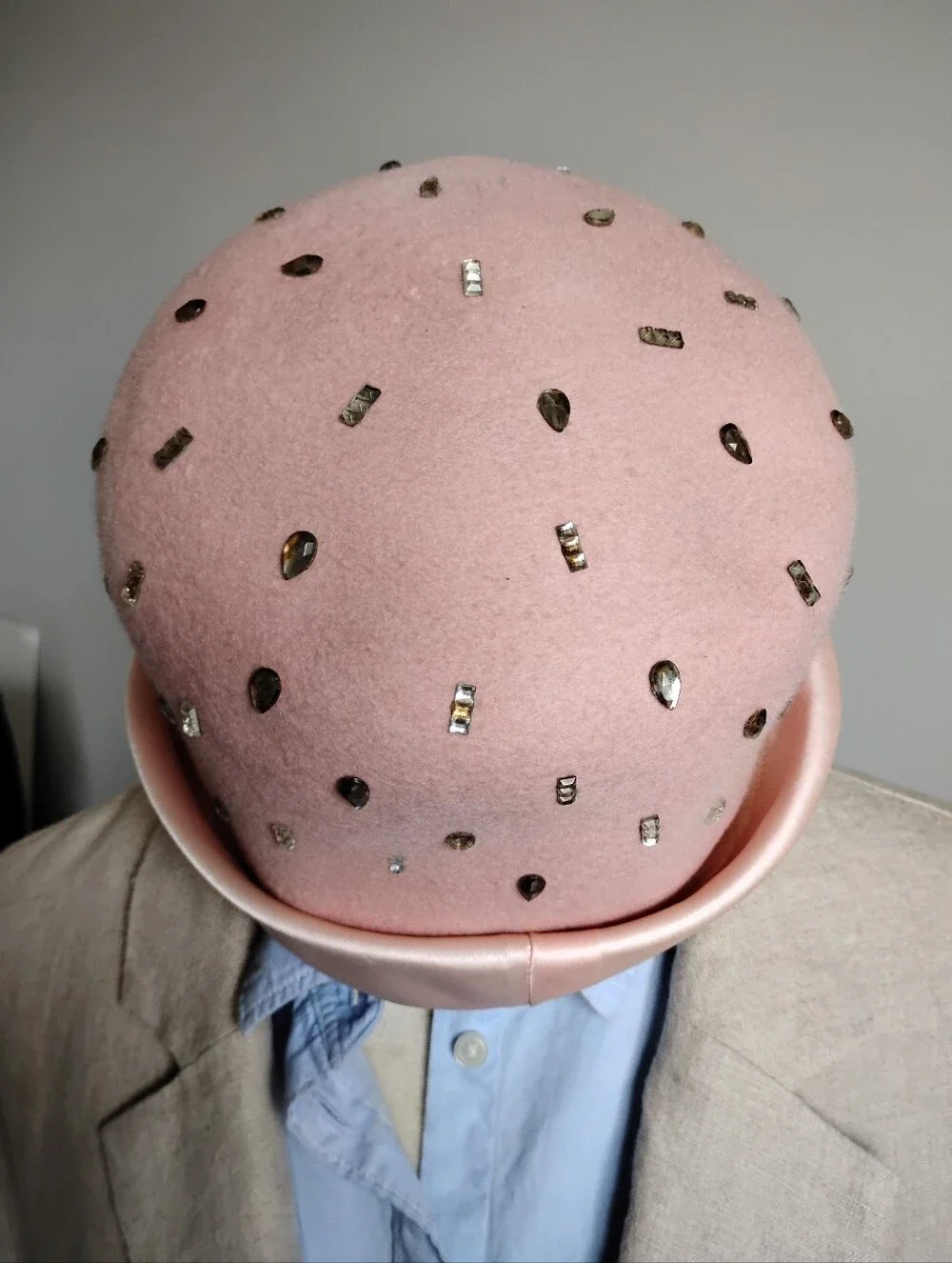 Henry Pollack New York Glenover Wool Hat Vintage 40s 50s Pink Rhinestone Gems - Picture 3 of 5